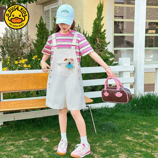 G.Duck Kids Gehen Sie mit Duck Girls Summer Arms-Shorts Set 2025 Neue Grundschule Fashion T-Shirt Strumpfhosen zweiteiliger roter Streifen-Set 120 cm