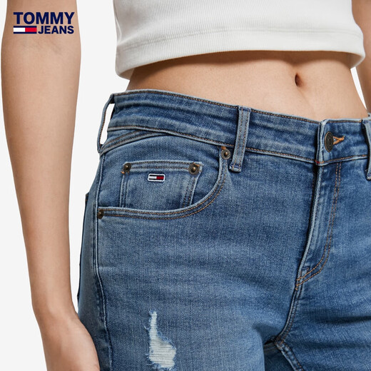 
TOMMY JEANS women's fashion ripped flag embroidery piece tight and slim elastic washing jeans DW0DW13784