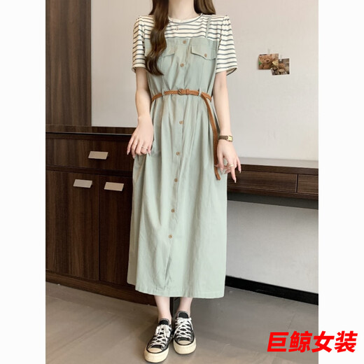 tromlfz胖MM特大码300斤假两件条纹T恤连衣裙女夏季显瘦遮肚法式吊带长裙 C1049-豆绿色/款连衣裙 M