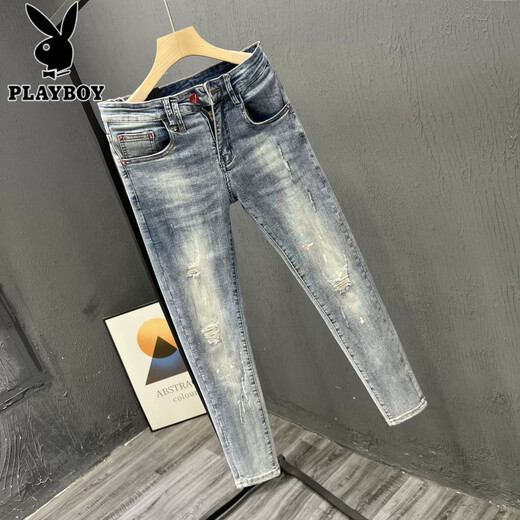 Playboy (Playboy) zerrissen Jeans Herrenmarke 2025 Sommer Dünn Schlanker Fit Small Feet Elastic und gutaussehende vielseitige, lässige neun-Punkte-Hosen 9759 Retro Blue 28