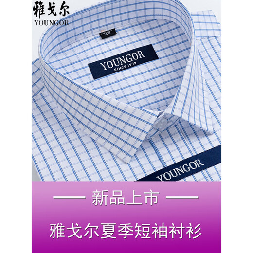 GY雅戈尔短袖衬衫男夏季薄款纯棉中年商务免烫宽松格子高级正装衬衣 短袖DX6630 38 建议【70-95斤】