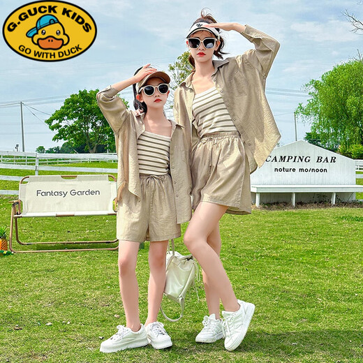 G.DUCKKIDS little yellow duck mother and daughter summer parent-child outfit beach sun protection vest three-piece shorts suit summer new trend sprinkled with gold powder 150 cm