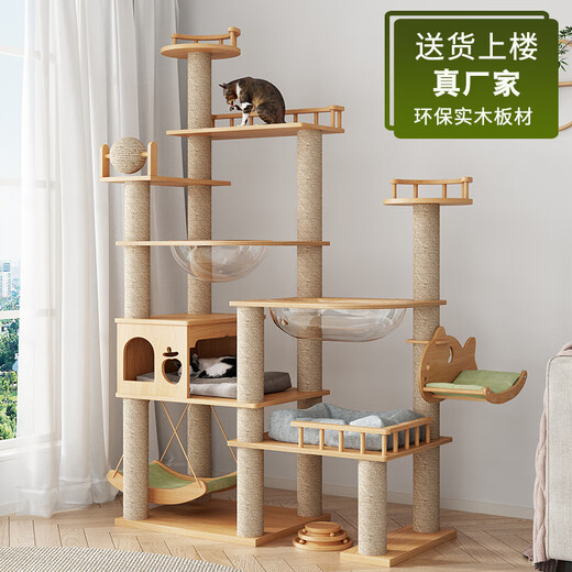 Solid wood cat climbing frame, luxury household cat nest, integrated four-season cat shelf, small apartment cat scratching post for big cats, cat tree (upgraded rubber wood) DK02s solid wood board + solid wood column
