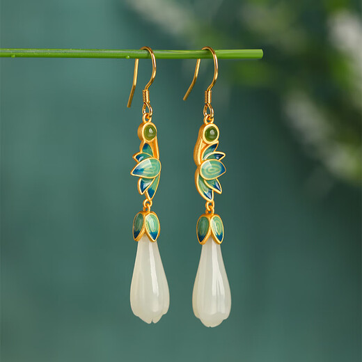 Little Silversmith Hetian Jade S925 Silver Magnolia Earrings Women's Enamel Lotus New Chinese Style Earrings Earrings Birthday Gifts