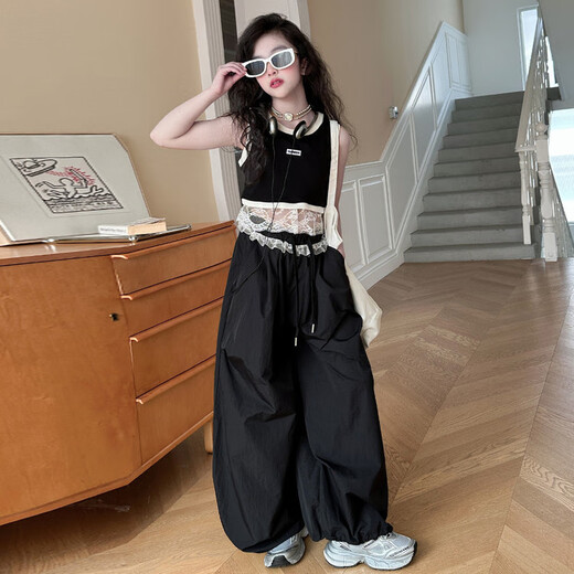 韩版女童潮酷穿搭夏季套装2025新款大童女孩美式蕾丝工装阔腿裤潮 套装【背心+裤子】买套装更实惠 150