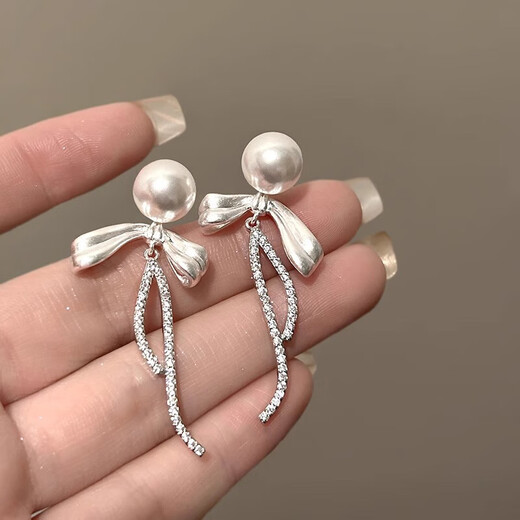 Bai Qixin 925 silver needle bow imitation pearl earrings for women light luxury niche high-end temperament earrings 2025 new earrings bow pearl tassel earrings