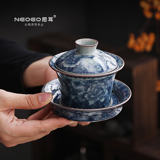 NEOEO Neer Blue and White Three Talents Covered Bowl Chinese style hoverable cover bowl for personal use as a gift Chinese style tea bowl Neil Tea Set NEOEO Neil Meditation Three Talents Covered Bowl N1188