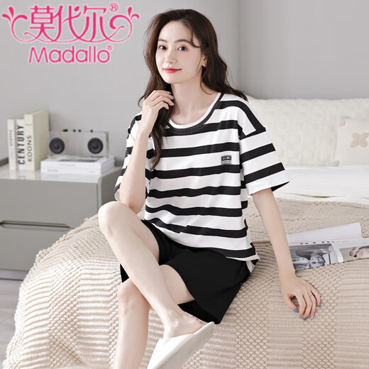 Modal new pajamas women's 2025 summer 100% pure cotton shorts shorts for summer stripes thin style for outdoor wear LS-YZT9848 gray and black stripes shorts suit L Recommended 95-115Jin [Jin equals 0.5 kg]
