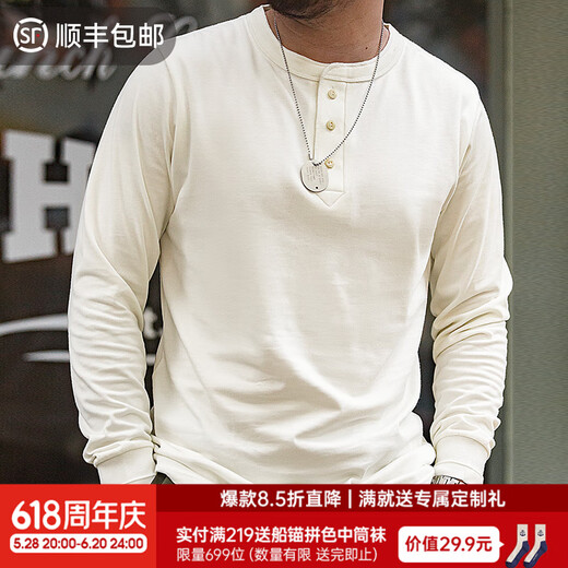 Maden Workwear American Retro Henry Camisa Henry Camiseta de manga larga Camiseta de cuello abierto para hombres con camisa de base de algodón puro Autumn Beige L
