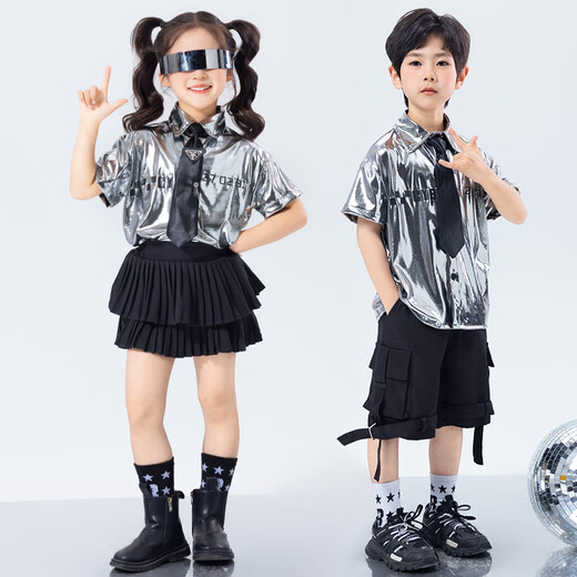 Tecnología para niños de Poresno Catwalk Sense Catwalk Catwalk 1 de junio Caderas de baile de la calle Termina de tendencia de jazz Jazz Boys Future Drum Set de mangas cortas: A694 Top de cuero brillante plateado + B317 Negro 110 cm Tamaño de un solo tamaño