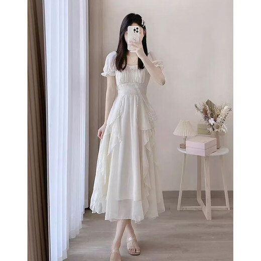 Yunju dress for women in summer 2025 new light luxury high-end white long skirt French beach skirt pure desire off-white bead fairy dress S recommended 80-95 Jin [Jin equals 0.5 kg]
