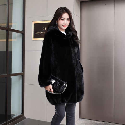 
Winter home brand imported mink coat for women whole mink medium length hooded mink fur fur coat for women with hat winter black XL 120Jin[Jin equals 0.5 kg]-140Jin[Jin equals 0.5 kg]
