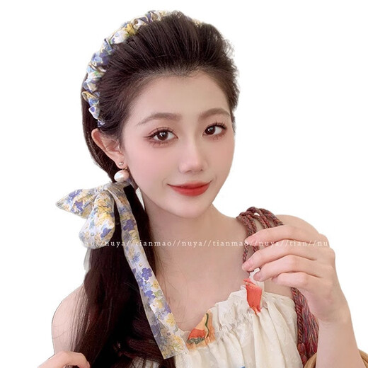 Songchuang Mengyu Pastoral Style Floral Tooth Comb Streamer Headband Women 2025 New Fairy Atmosphere Silk Scarf Braided Hair All-in-One Hair Accessory Floral Streamer Headband Purple Yellow