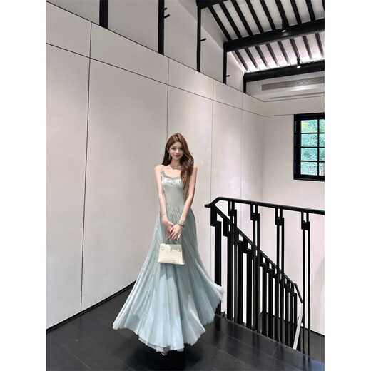 YIOU Gala Annual Meeting Slim Fit Super Fairy Crystal Diamond Chain Large Swing Strap Long Dress 8345 Green M