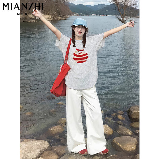 Cotton American pure cotton short-sleeved T-shirt for women in summer 2025 new loose and versatile apple printed round neck five-point sleeve top 29690 white [high quality 20.5] L 100-120Jin [Jin equals 0.5 kg]