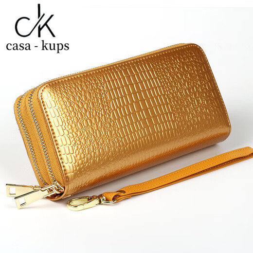 casa-kups2025真皮双拉链钱包女士长款大容量手拿包双层钱夹亮皮零钱包简约 黑色鳄鱼纹