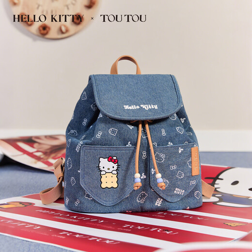 TOTOU DOYS'S Day Gift Hellokitty Katie Denim Biscuit sac à dos grande capacité Commutation polyvalente sac à dos de denim bleu