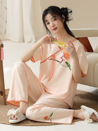 
True high-end light luxury pajamas for women, can wear summer ladies short-sleeved pajamas set for new Chinese style thin cotton home LZY9905 XL code (recommended 115-130Jin [Jin equals 0.5 kg]) All code
