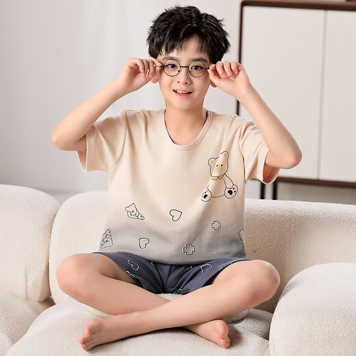 曼妮朵儿童睡衣夏季纯棉短袖长裤可爱卡通青少年学生男孩男童薄款家居服 F724【双短】 165 L码建议160-165cm
