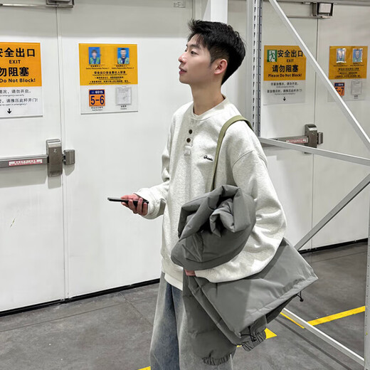 Muwei Retro Solid Color Henley Collar Sweatshirt Long Sleeve Men's Spring and Autumn 2025 New Casual Loose Versatile Top Jacket White Gray XL Recommended 130-150 Jin Jin equals 0.5 kg