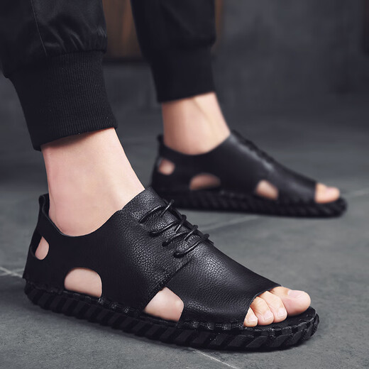 Steffie Love Sandalias de cuero romano Tendencia de los hombres 2025 Summer Internet Estilo de celebridades Fashion Soft casual Driving Teenager Men's Beach Zapatos 9926 Negro 38