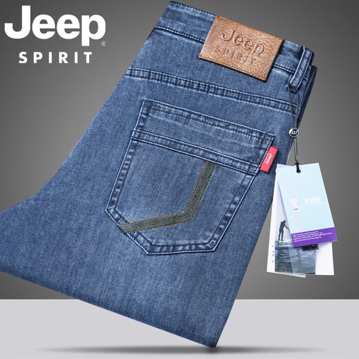 Jeep2025 Neue Jeans Männer loser klarer Sommer dünne Geschäfte mittleren Alters Großgröße hoher Taille Casual Hosen Blau J679 Dick 30