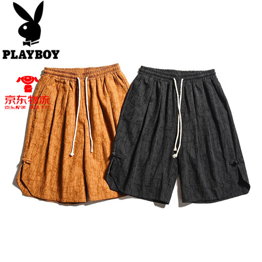 花花公子（PLAYBOY）亚麻短裤男夏季潮牌宽松直筒五分哈伦裤中国风棉麻盘扣大码沙滩裤 黑色 L