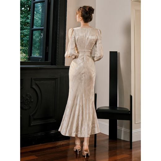 GJFD Sandalwood Snow French long-sleeved dress engagement light luxury fishtail elegant dress skirt Sandalwood Snow S