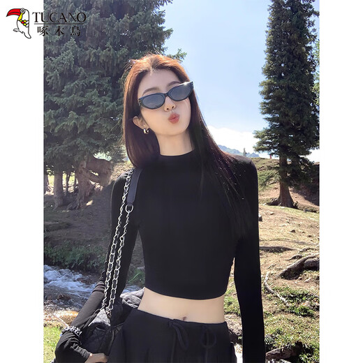Woodpecker small high collar long-sleeved T-shirt for women autumn new navel-baring short slim fit cotton bottoming shirt top black 2XL