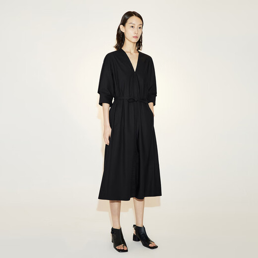 LESS spring cotton skirt for women casual temperament V-neck waist short-sleeved dress 2N3G14110 001/Black L