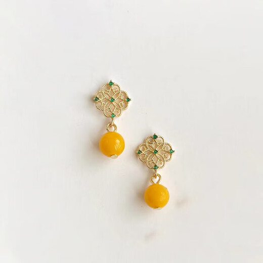 MHFDO beeswax earrings palace style imitation jade hollow rhombus zircon earrings 2025 new new Chinese style stone earrings pair