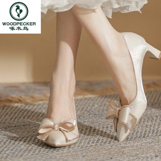 Specht Strass-Bogenhoch Heels Frauen 2025 Neue dicke Ferse Hochzeitsschuhe Haupthochzeitskleid Spitz Zeh Leichte Mund Single-Schuhe Brautjungfern Schuhe im Falle 38 38