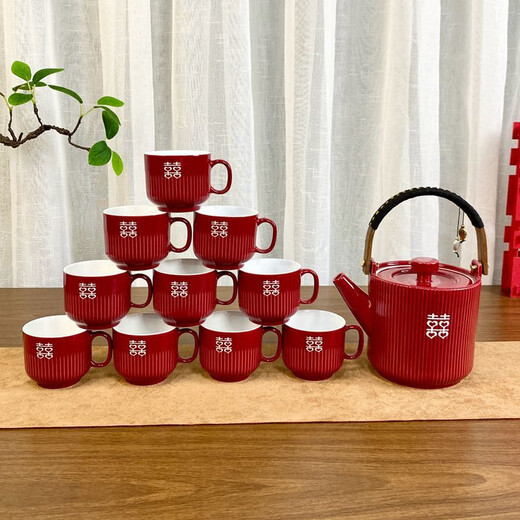 Fantasy wedding tea set set red large teapot wedding cup newlywed tea cup engagement gift dowry gift frosted Pisces 1 pot 8 cups amine disc + suitcase