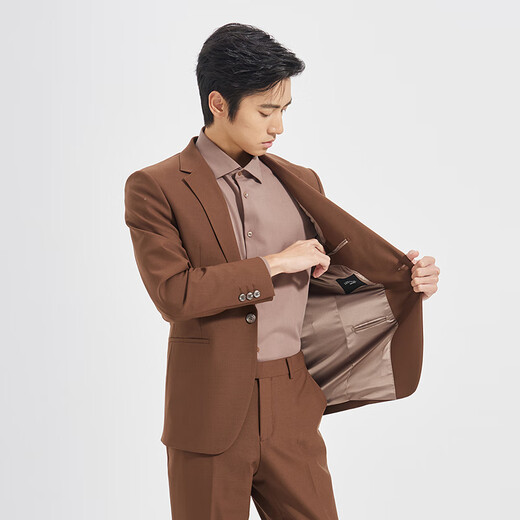 Lilang Youth Business Men's Wool Blended Suit Men's Solid Color Elastic Easy-Care Formal Two-piece Set Khaki (1SA) 180A