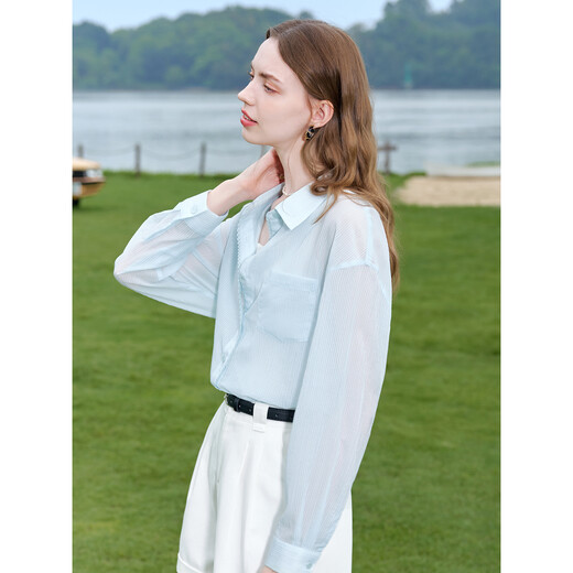 
Baitu betu women's clothing 2025 summer new shirt texture micro texture striped shirt thin coat for women 2507T31 light blue S