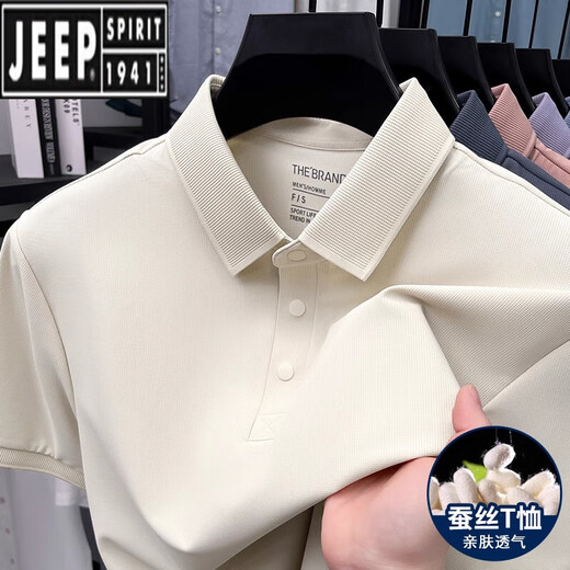 吉普（JEEP）高端男士短袖T恤夏季2025新款中年冰丝半袖polo衫桑蚕冰丝上衣 15125-浅天蓝 M 48【建议体重100-125斤】