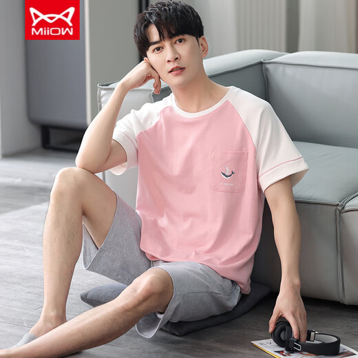 
Catman (MiiOW) men's pajamas summer pure cotton thin round neck short sleeves youth loose casual simple striped shorts home clothing FA#6627 L Recommended 100-125 Jin [Jin equals 0.5 kg]