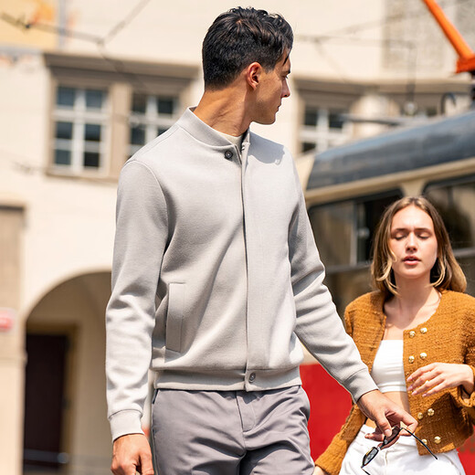 Mr. Bu baseball collar men's wool jacket with hidden placket pockets oatmeal gray S (165)