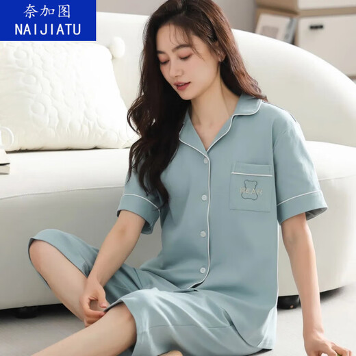 奈加图纯棉睡衣女士夏季短袖七分裤中青年款大码开衫套装常规款家居服 n9893七分裤开衫 M (80-100斤)