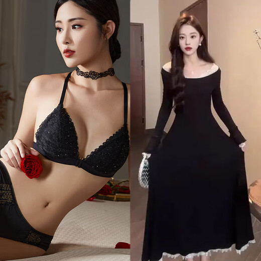 维多利亚宫廷无钢圈三角杯内衣套装 法式前扣舒适美背文胸薄款大胸显小胸罩 黑色套装 M