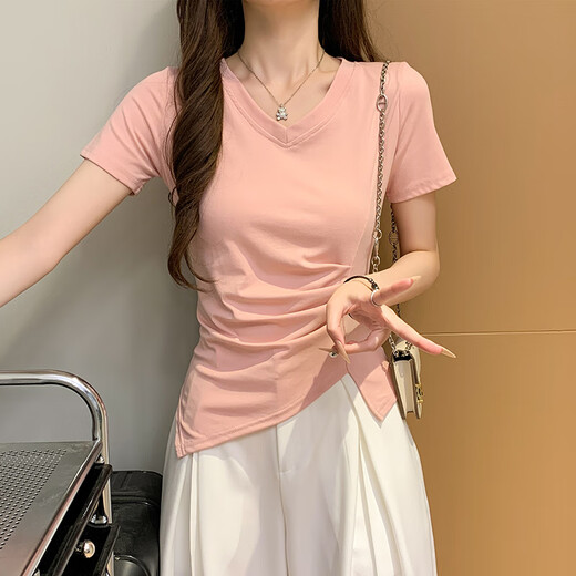 LA CHAPELE (LA CHAPLELA) Camiseta de manga corta de cuello V irregular negro para mujeres en verano 2025 Nuevo estilo chaqueta del cuerpo delgado de hombro negro (modelos 15847) S 89-98Jin [Jin equivale a 0.5 kg]