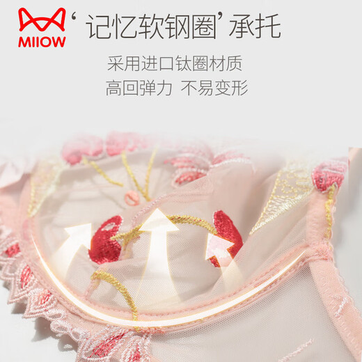 Catman (MiiOW) French lace bra sexy summer red lingerie women's suit transparent thin gathering bra seduction black cotton pad set (bra + panties) 70B 32