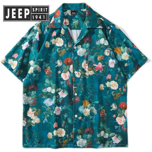JEEP SPIRIT吉普古着古巴领碎花衬衫男女宽松港味夏威夷情侣沙滩短袖衬衣 藕色 x693 M