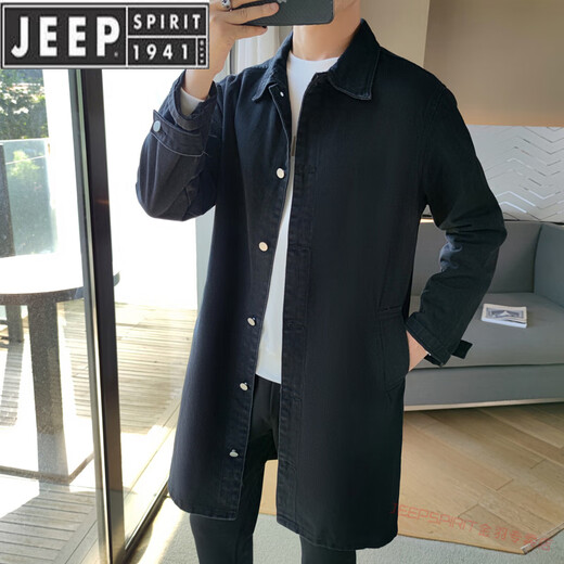 JEEP SPIRIT潮牌秋季男士中长款牛仔风衣男潮流韩版休闲宽松帅气大衣翻领外套 黑色 M 165(斤左右)