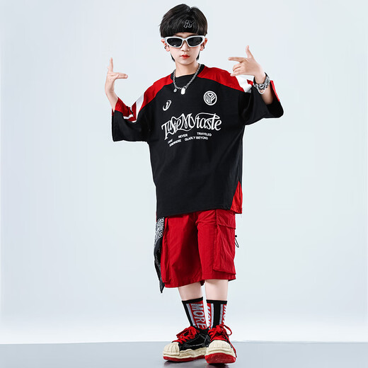 心可派儿儿童街舞演出服男童hiphop套装嘻哈街头潮牌服装男孩女童炸街走秀 两件套=A679黑短袖+B383红色短裤 150 码建议身高145CM