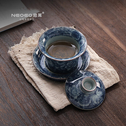 NEOEO Neer Blue and White Three Talents Covered Bowl Chinese style hoverable cover bowl for personal use as a gift Chinese style tea bowl Neil Tea Set NEOEO Neil Meditation Three Talents Covered Bowl N1188