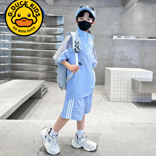 G.DUCKKIDS boys summer cool short-sleeved suit 2025 new medium and large children's outdoor sun protection clothing two-piece set boys half-sleeved trendy blue suit Children's Day gift 100 cm