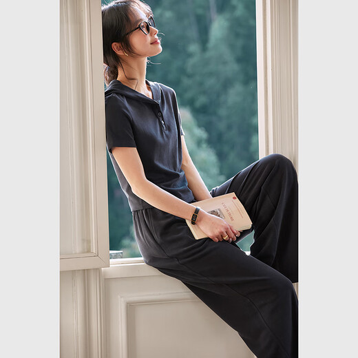 梵希蔓时尚休闲连帽短袖T恤套装女夏季新款上衣阔腿裤套装 铁灰色 XL