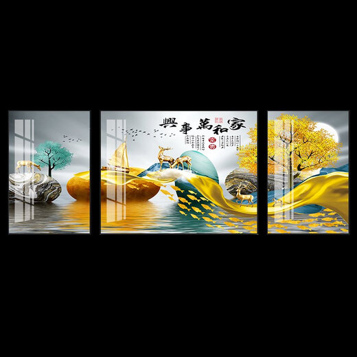 BEYZK客厅装饰画沙发背景墙挂画现代中式晶瓷三联壁画餐厅轻奢画背景画 SL-9901福鹿平安 左右35X50+中间70x50建议2米左