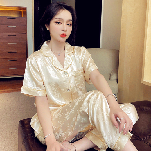 oeny冰 丝睡衣女士夏季丝 绸薄款短袖长裤加大码200斤家居高级感套装 691#水蜜桃三件套装 L (建议100-115斤)